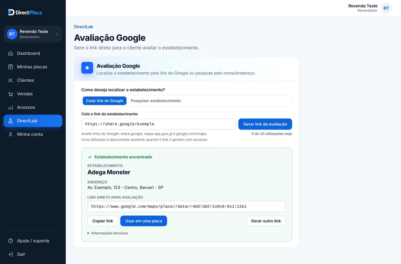 Ferramenta Avaliação Google gerando um link de avaliação